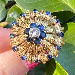 VINTAGE 18K YELLOW GOLD SAPPHIRE DIAMOND RING ITALY COCKTAIL STATEMENT  HEAVY